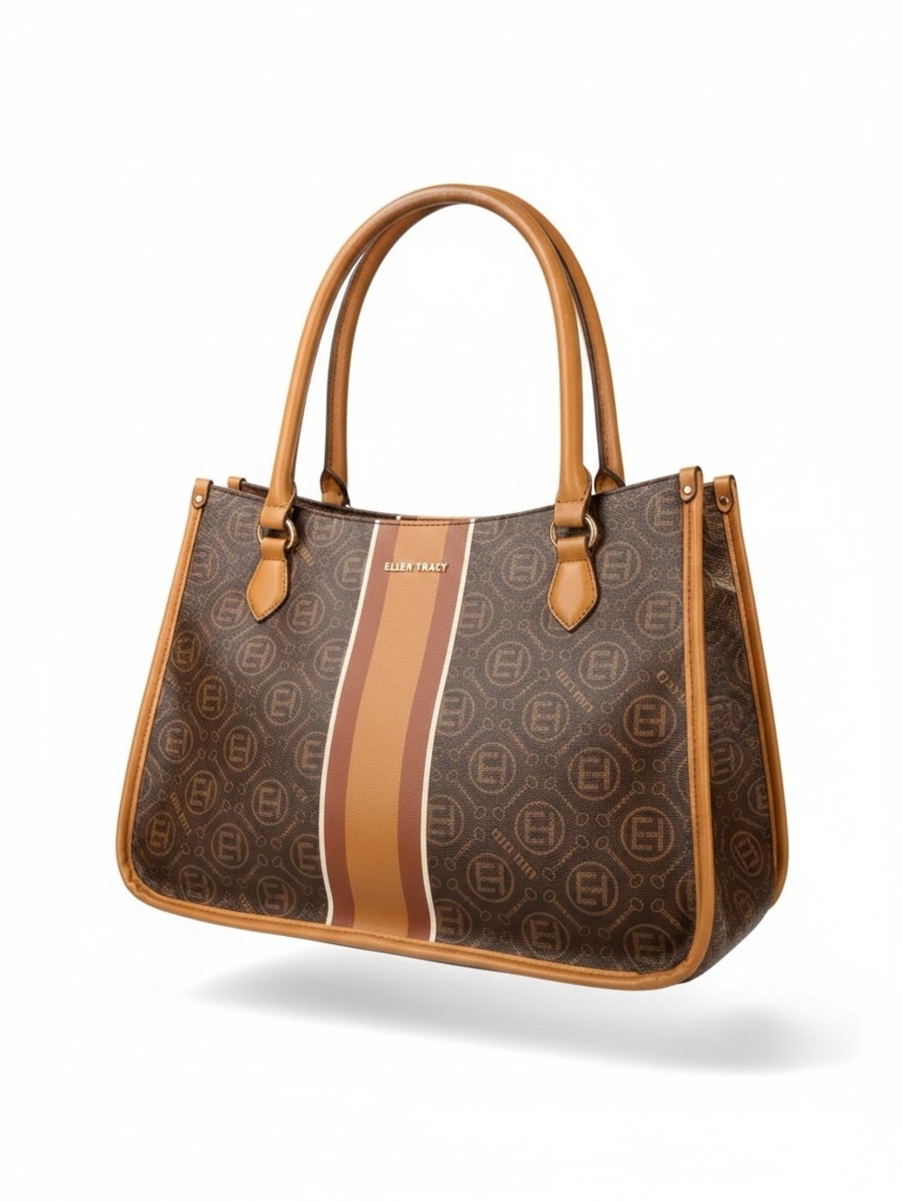 Ellen Tracy Horsebit Signature Tote Bag Monogram Stripe Cognac Brown | NWT